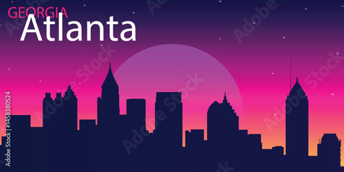 silhouette of Atlanta, Georgia, against the evening sky. Skyscrapers, pink sun or moon are visible.