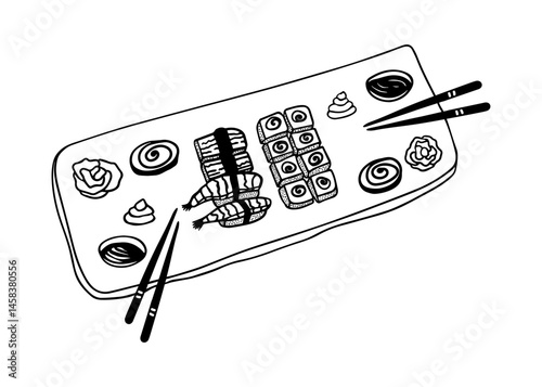 Hand drawn doodle set of sushi, rolls on plate, served for two, salmon, shrimp, rice, wasabi, chopsticks, soy sauce, ginger. Asian food. Isolated on white background