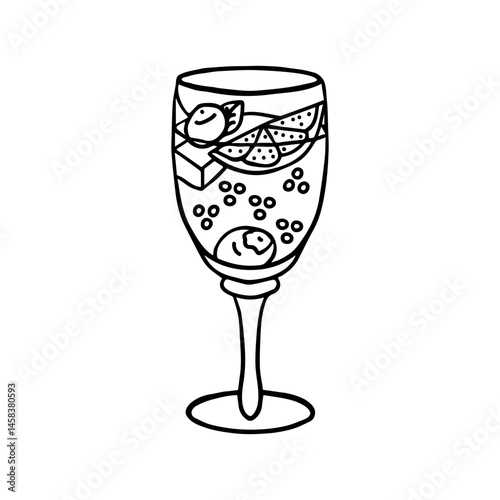 Hand drawn doodle simple summer cocktail with berries, citrus, mint leaf and ice cubes in tall glass with stem. Isolated on white background