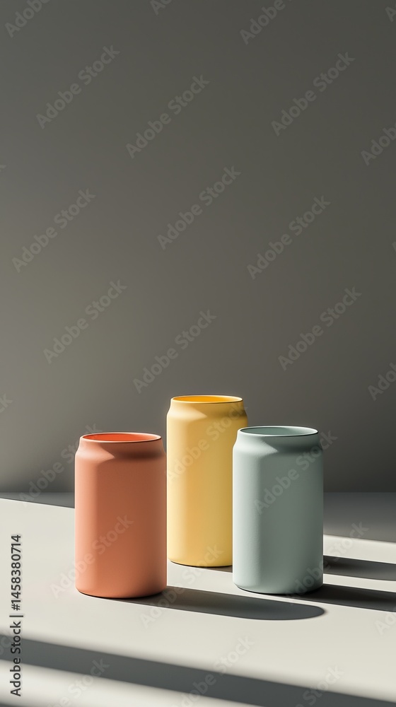 Fototapeta premium Three colorful cans arranged artistically on a bright surface with natural lighting.