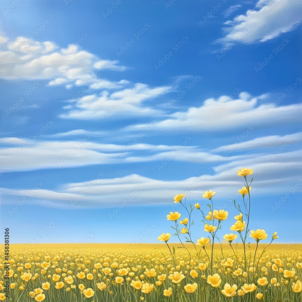 Fototapeta premium Vibrant wild bloom scene lush meadow nature photography bright sunny day expansive view hyperrealistic art