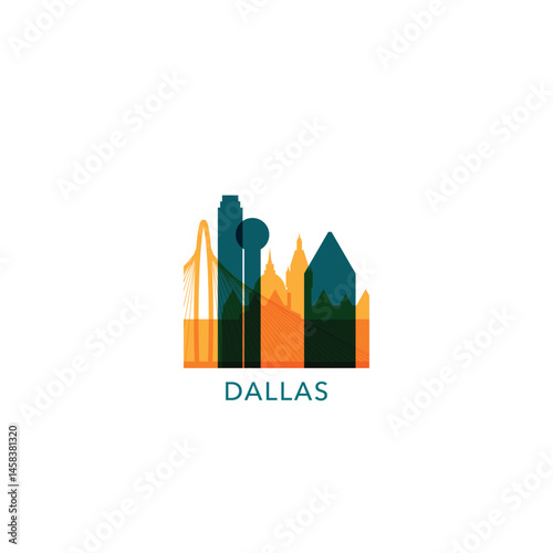 USA United States Dallas cityscape, skyline, panorama vector flat logo, icon. US Texas state city emblem with landmarks and building silhouettes