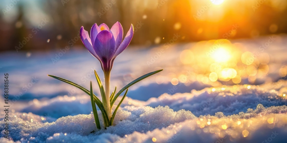 Fototapeta premium spring crocus blooming through melting snow at sunrise