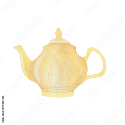 Ceramic yellow teapot delicate handle and lid watercolor hand drawn composition isolated from the background. Design for greeting cards, poster, print, sticker. Tea shop or store watercolor concept