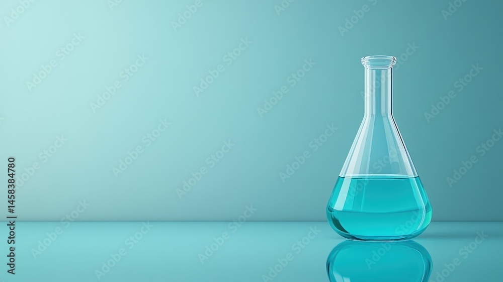 Glass erlenmeyer flask with blue liquid on teal background Glass erlenmeyer flask with blue liquid on teal background