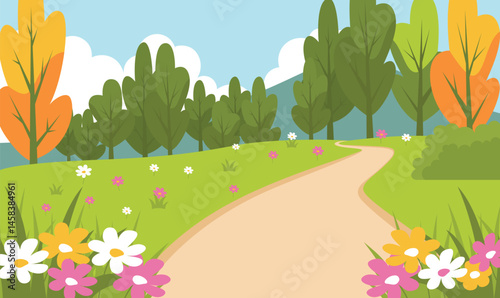 Beautiful Summer Spring Nature Landscape with Winding Road and Blossom Flowers in the Park