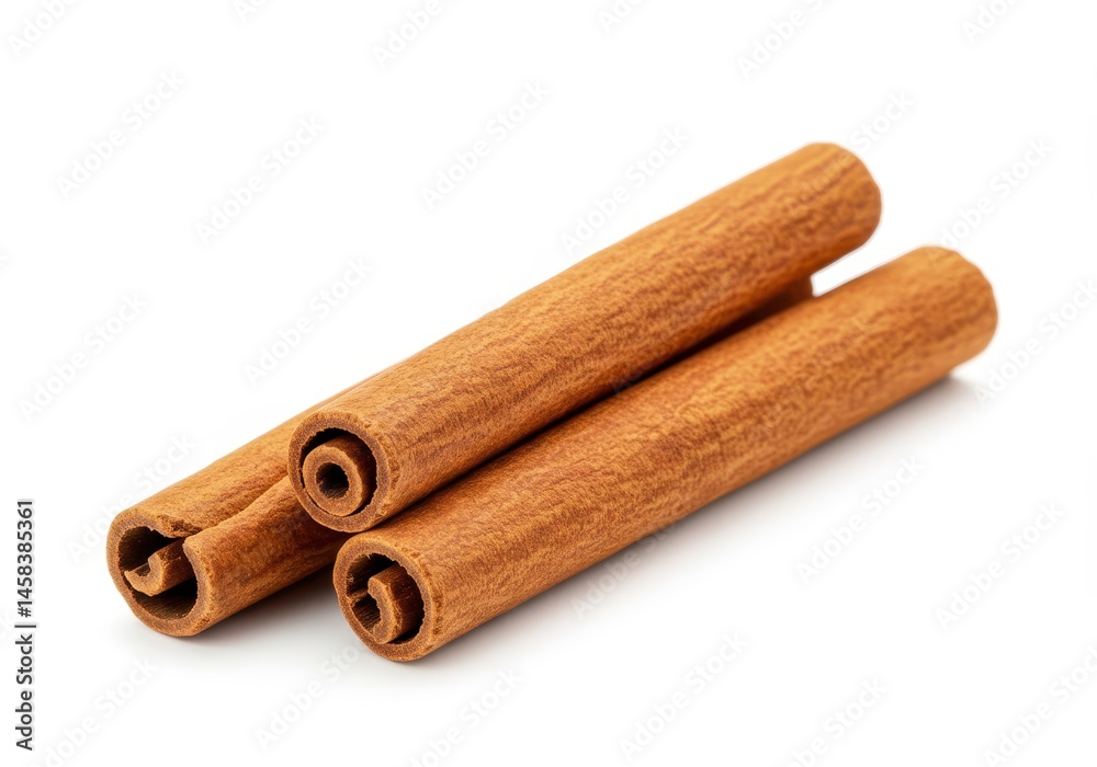 Three cinnamon sticks arranged on a white surface, showing the texture and rolled shape of the spice Three cinnamon sticks arranged on a white surface, showing the texture and rolled shape of the spice