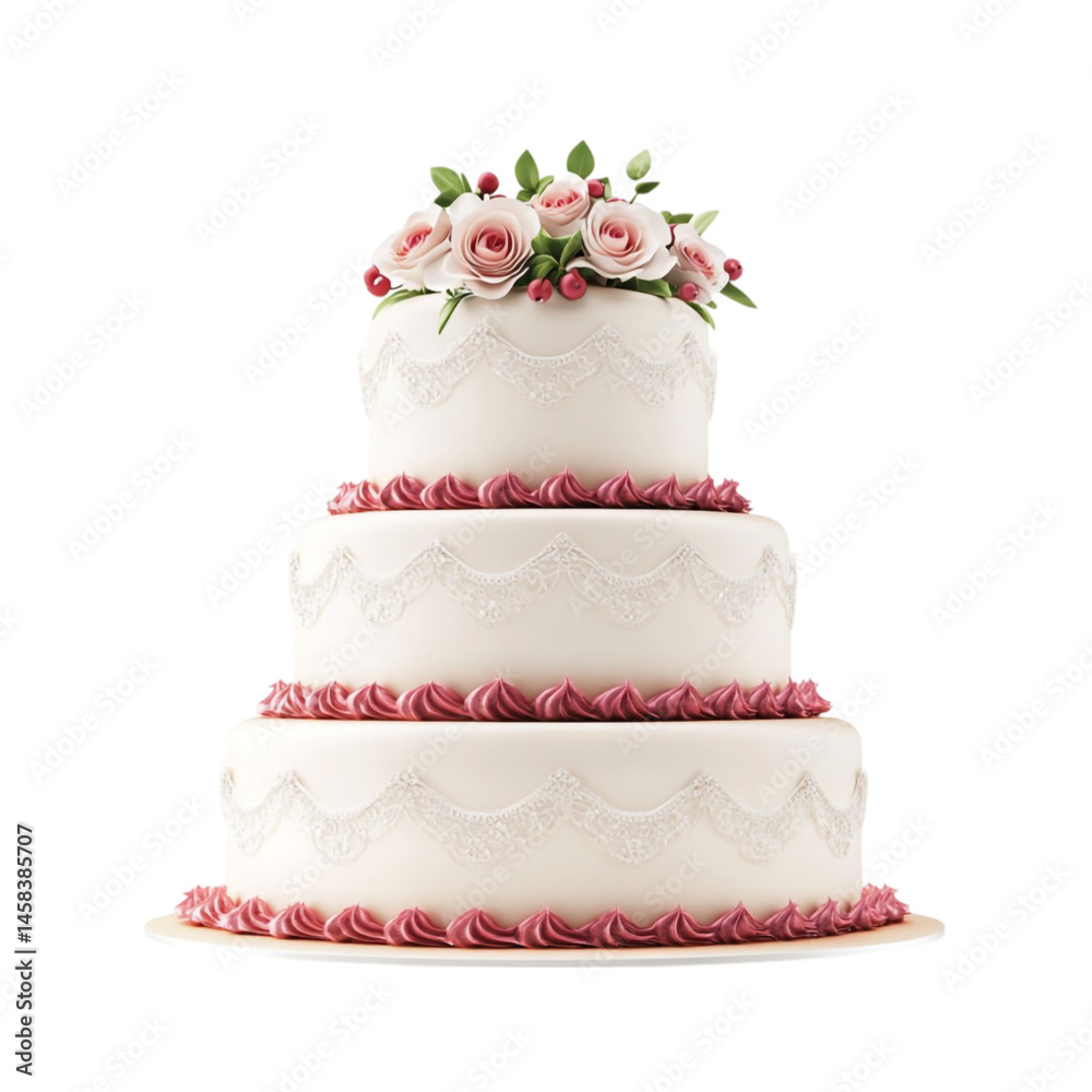 Elegant three tiered wedding cake adorned with pink roses and lace design Elegant three tiered wedding cake adorned with pink roses and lace design