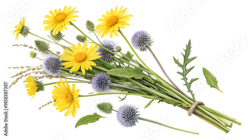 Vibrant Bouquet of Yellow Daisies and Blue Thistle Flowers with Green Foliage, Elegantly Tied Together in a Lush Floral Arrangement