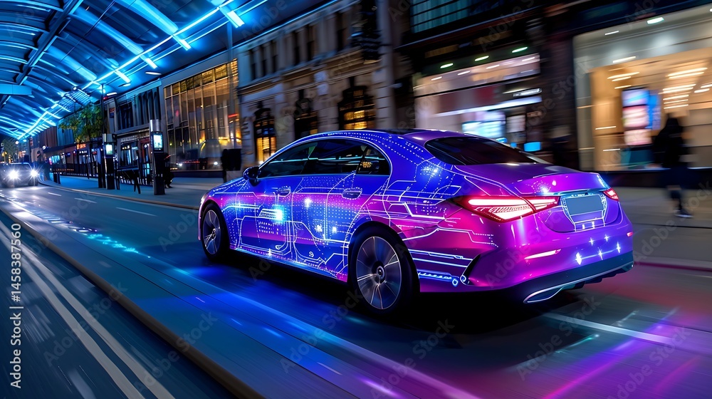 Fototapeta premium A futuristic sedan with glowing purple and blue circuitry patterns drives through a modern city street at night.