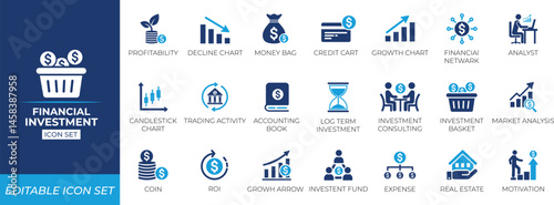 Financial investment icon set. Solid icon collection.