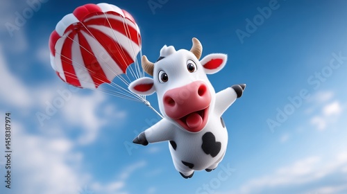 Cartoon cow parachuting. joyful animated livestock in playful adventure