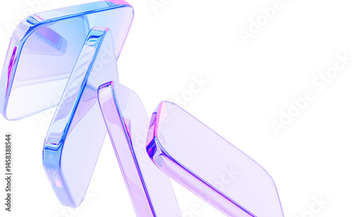 3d glass holographic transparent square plate shapes on pastel macro background. Abstract geometric blocks with rainbow color gradient, dispersion light render. Digital tech banner photo