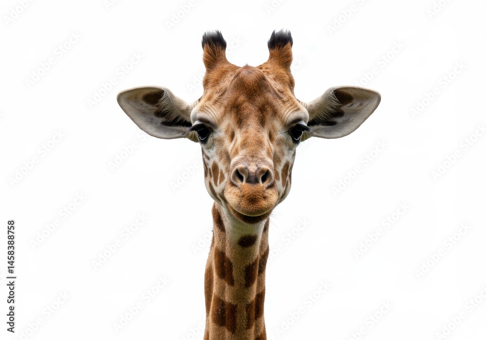 Fototapeta premium Close-up portrait of a giraffe with brown spots against a stark white background looking directly at the camera