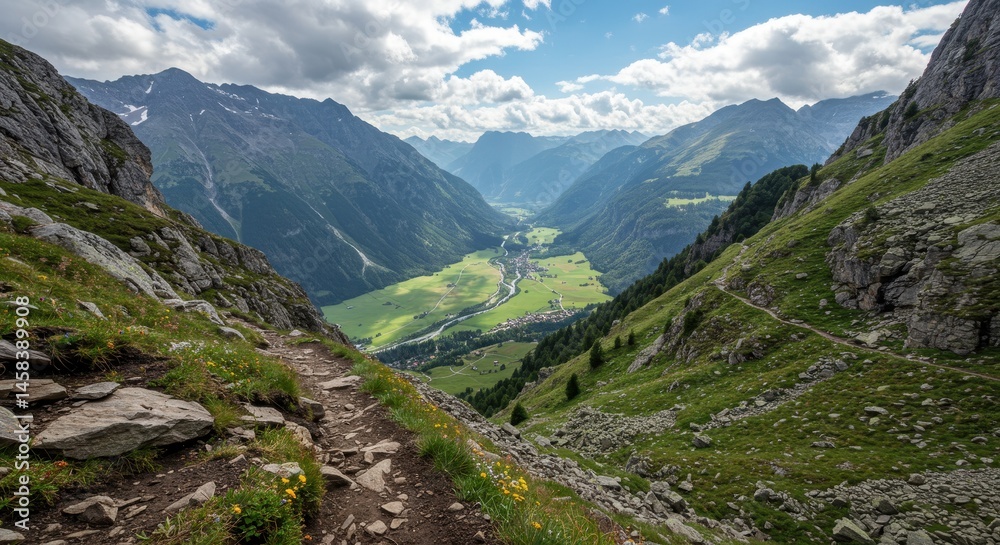 Fototapeta premium Serene Mountain Valley Landscape with Overhanging Cliffs and Lush Greenery under a Cloudy Sky