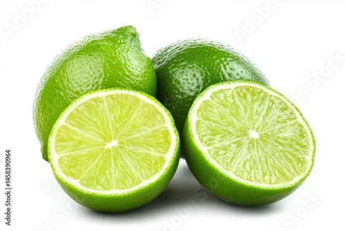 Fresh green lime with cut halves and slices, perfect for culinary use