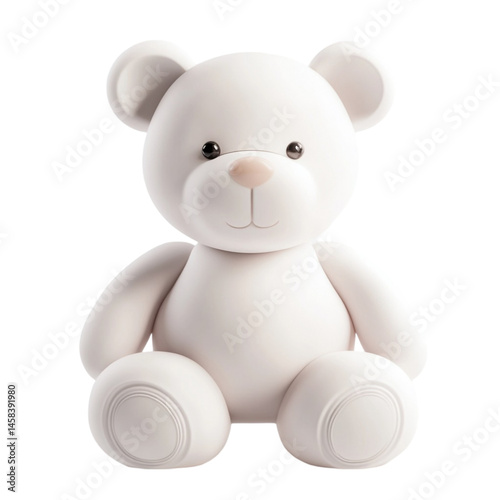 Adorable white teddy bear plush toy sitting isolated on white background
