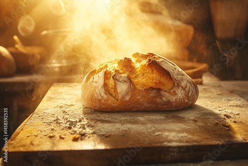 Freshly baked loaf of bread on wooden surface photo