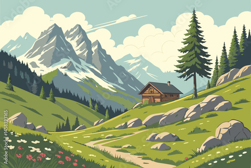 41 Alpine landscape, snow-capped mountains, lush green meadow, wooden chalet, scattered boulders, lone tree, wildflowers, fluffy white clouds, blue sky, dramatic peaks, coniferous forest, rolling hill