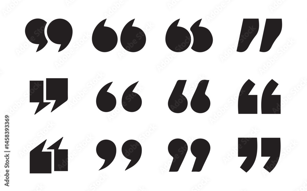 Set of quote mark icons isolated on white background.Quotation marks.Black quotes icon collection. quotation marks black isolated vector icon set. vector illustration eps 10. Set of quote mark icons isolated on white background.Quotation marks.Black quotes icon collection. quotation marks black isolated vector icon set. vector illustration eps 10.