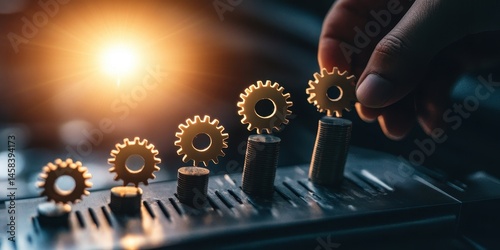 Gear Progression: A hand carefully places a gear atop a lever, symbolizing strategic progress and mechanical advancement, underscored by warm, motivational lighting.