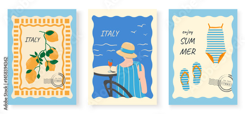 A set of Italian vertical summer postcards or postage stamps. Lemons, the sea, a swimsuit and flip-flops, a woman with wine at a cafe table. Blue, orange color palette. Flat vector illustration.