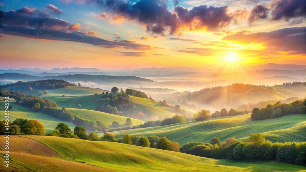 Fototapeta premium Softly glowing sun casts a warm light on rolling hills and lush greenery under a pastel sky with hues of pale pink, blue, and yellow, soft focus, gentle colors