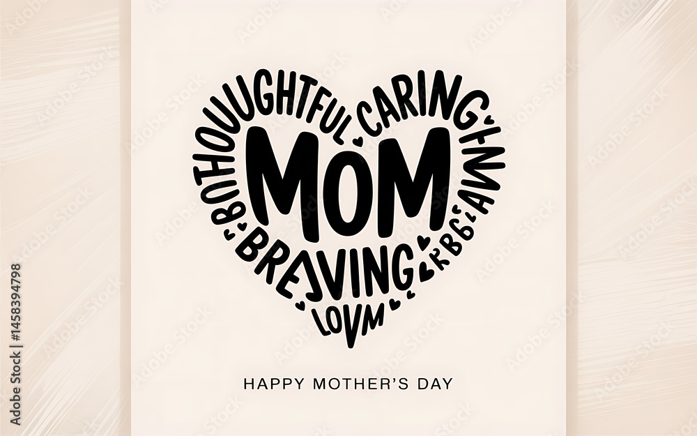 Fototapeta premium Inspirational heart-shaped word art design highlighting loving and thoughtful traits of moms for Mother’s Day
