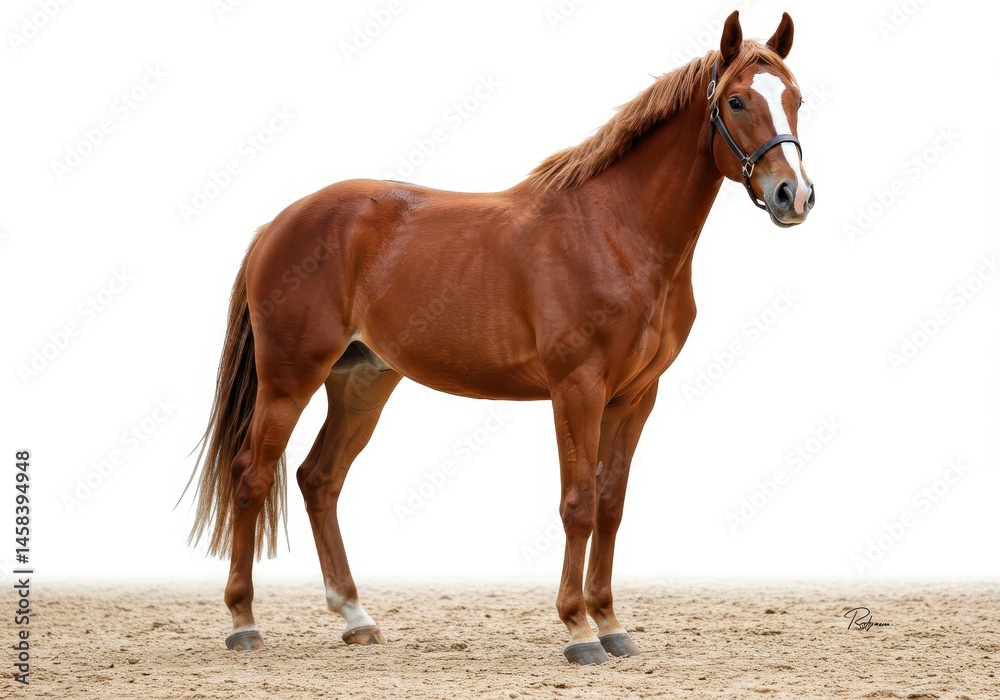 Obraz premium Chestnut horse standing calmly on a sandy surface with a white background in a full body profile view