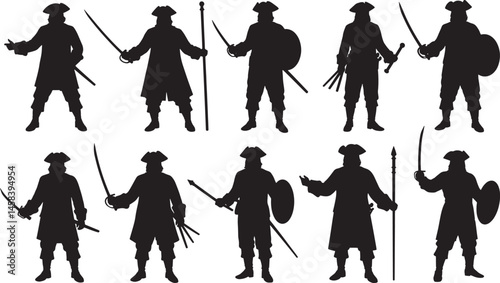 Pirate Silhouettes Collection – 12 Bold Black Figures in Tricorn Hats and Historical Attire with Swords and Gestures, Perfect for Stencils, Crafts, and Cutout Designs on Transparent Background
