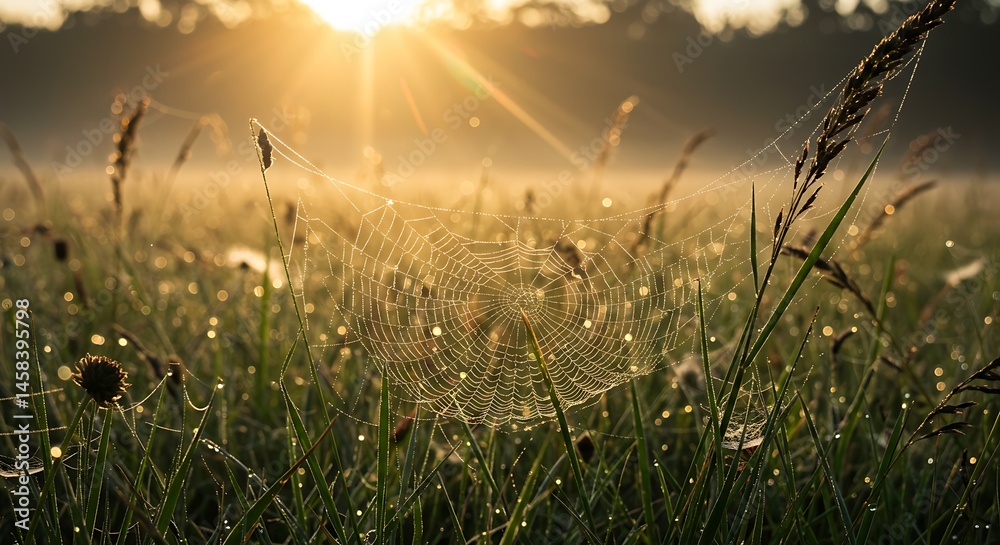 Obraz premium Spiderweb with Dew Drops in a Meadow at Sunrise