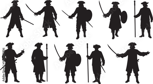 Pirate Silhouettes Collection – 12 Bold Black Figures in Tricorn Hats and Historical Attire with Swords and Gestures, Perfect for Stencils, Crafts, and Cutout Designs on Transparent Background