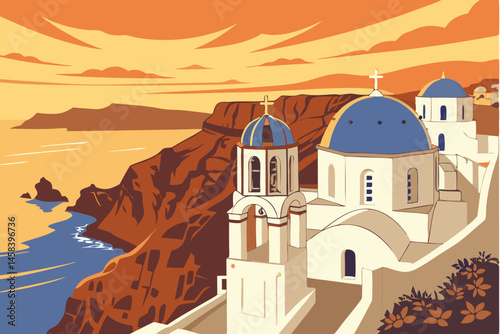 43 Santorini sunset, Greek island coastline, white-washed buildings, blue domed churches, panoramic view, dramatic cliffs, Aegean Sea, golden hour light, vibrant orange sky, tranquil Mediterranean atm