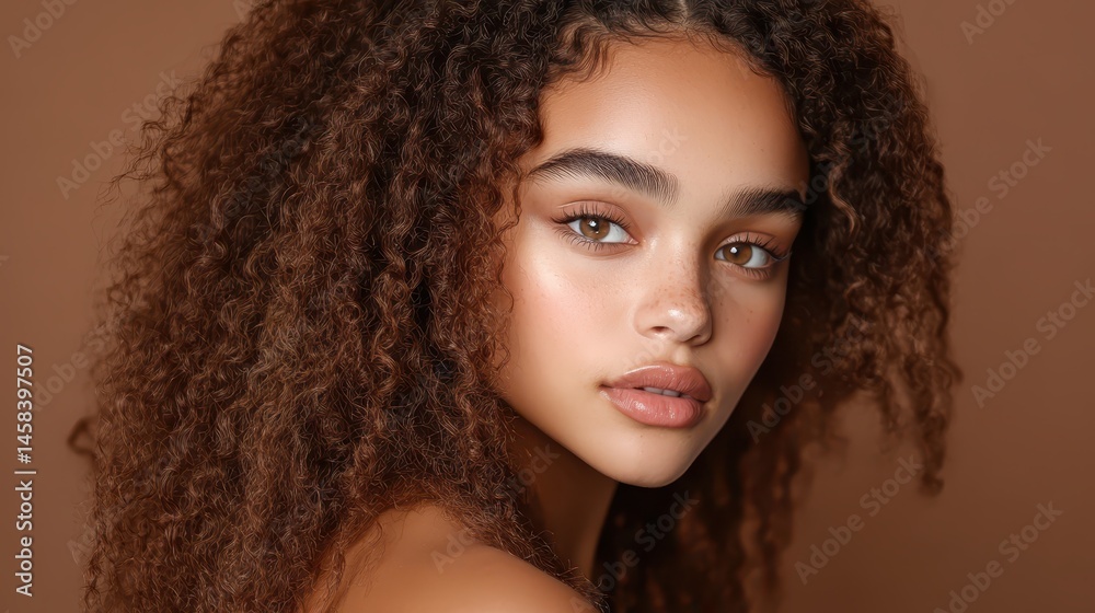 Captivating portrait of a woman with stunning curly hair against brown backdrop Captivating portrait of a woman with stunning curly hair against brown backdrop