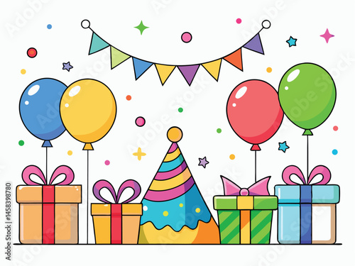 Whimsical Birthday Bash – Cheerful Cartoon Party Scene with Balloons, Gifts & Festive Decor in Flat Vector Style