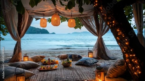 A beach scene with a canopy and lanterns hanging from it. The lanterns are lit and the canopy is open, creating a cozy and intimate atmosphere