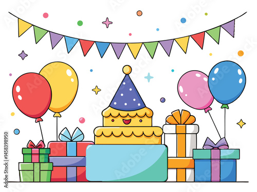 Whimsical Birthday Bash – Cheerful Cartoon Party Scene with Balloons, Gifts & Festive Decor in Flat Vector Style