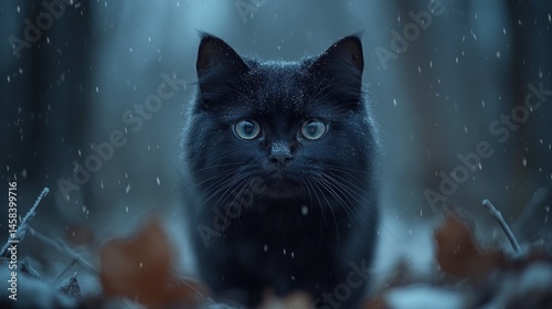 Majestic black cat in winter snow photo
