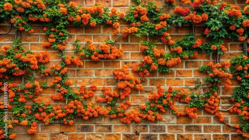 Fototapeta Naklejka Na Ścianę i Meble -  A climbing vine with bright orange flowers entwines a rustic brick wall, creating a vibrant and organic texture