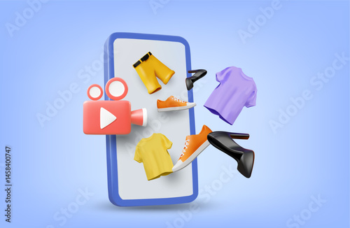 3D illustration vector render of mobile phone screen icon, showing live camera, with clothes and sneakers products floating out, sales concept, real-time product review, online shopping, e-commerce