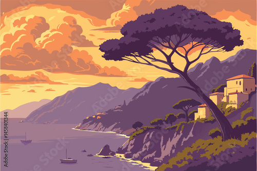 44 Amalfi Coast panorama, Tyrrhenian Sea, dramatic sunset, vibrant sky, purple and orange clouds, Mediterranean pine tree, rugged coastline, distant mountains, coastal village, rocky cliffs, calm sea,