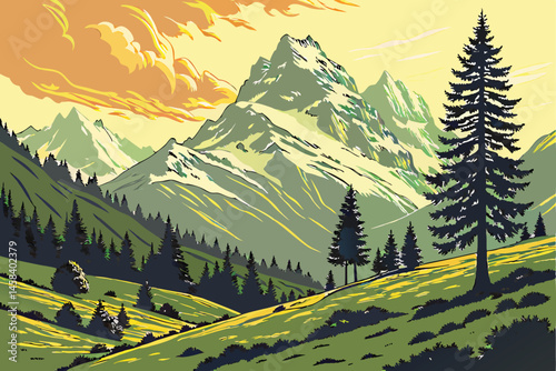 45 Majestic alpine landscape, snow-capped mountains, vibrant sunset sky, lush green meadow, pine trees, golden hour lighting, panoramic view, dramatic clouds, serene atmosphere, Swiss Alps, high-resol