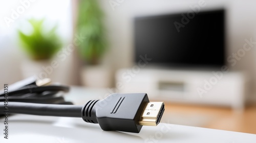 HDMI cable closeup. black audio-video connector with blurred television background