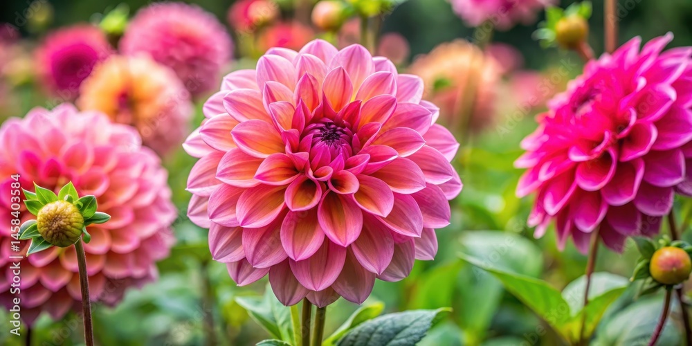 Fototapeta premium Vibrant bright pink dahlia blooms in a lush garden surrounded by bronze foliage, with intricate details and delicate petals , dahlia blooms, blooming flowers