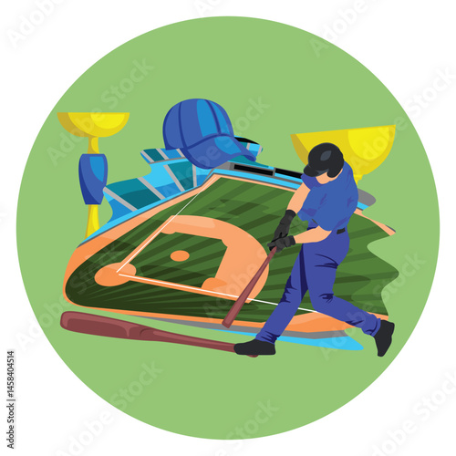 Baseball Concept with Player Athlete, Ball, Trophies and Cap Colorful Vector