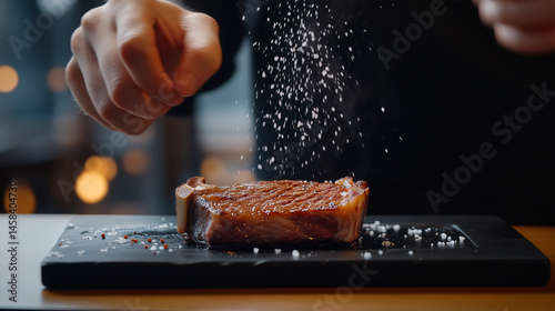 Close-up of grilled dry-aged T-bone steak on a sizzling black stone board, coarse salt falling in slow motion, glistening beef marbled with perfection