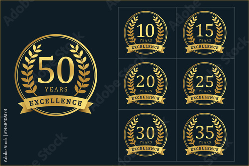 Elegant Anniversary Badge Collection – Gold Foil Vector Set (10 to 50 Years)