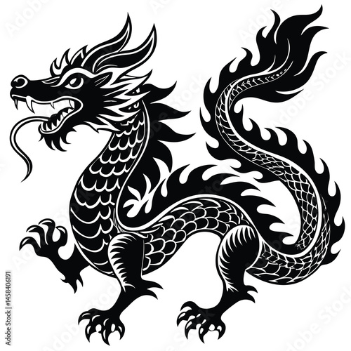 Intricate Black Dragon Illustration - Mythical Tribal Art