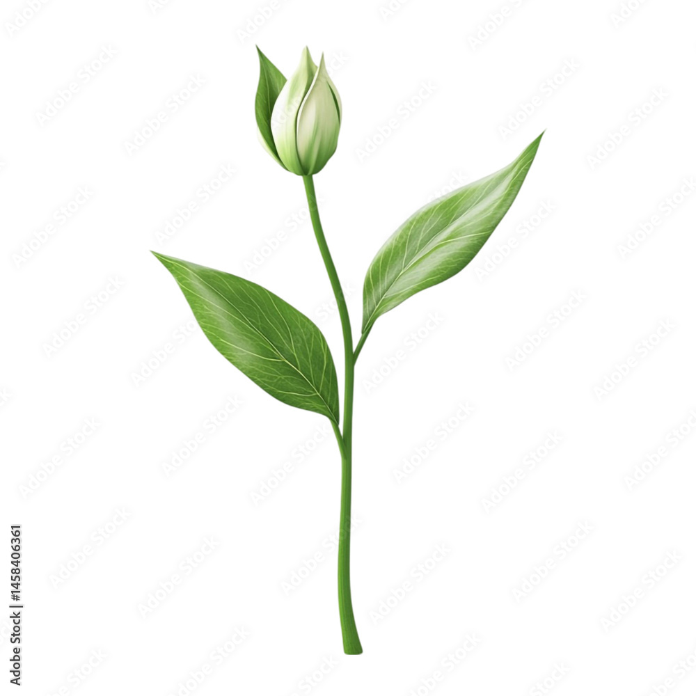 Fototapeta premium White flower bud green leaves artistic lines background
