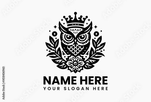 Elegant black and white illustration of an owl with a crown, surrounded by decorative leaves in a symmetrical design. Bird concept